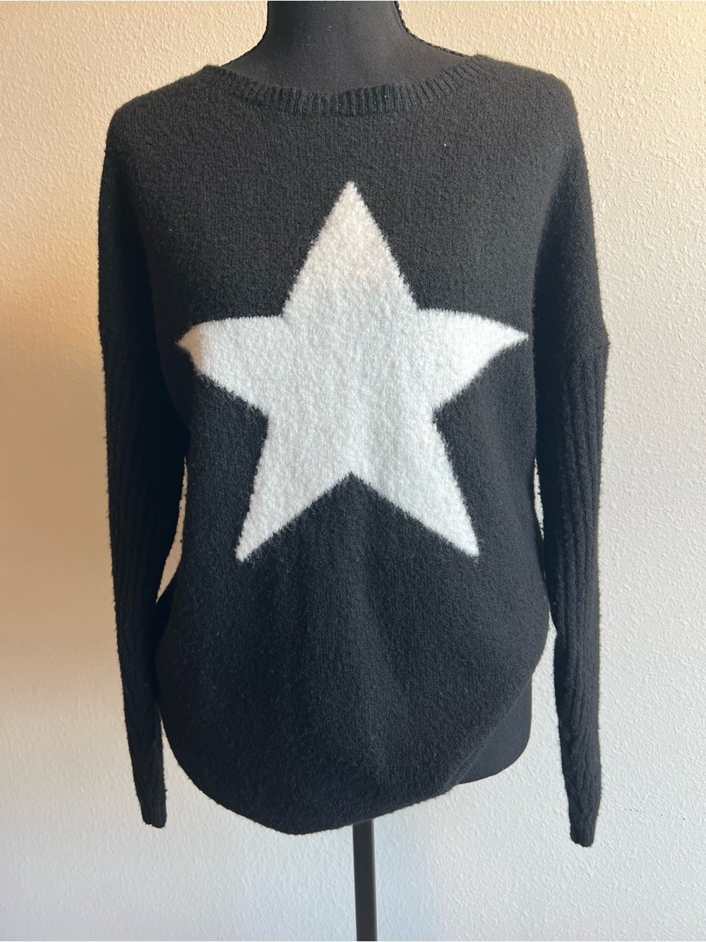 Black Sweater with White Star - Cozy Women's Knit Crewneck or Off-The-Shoulder